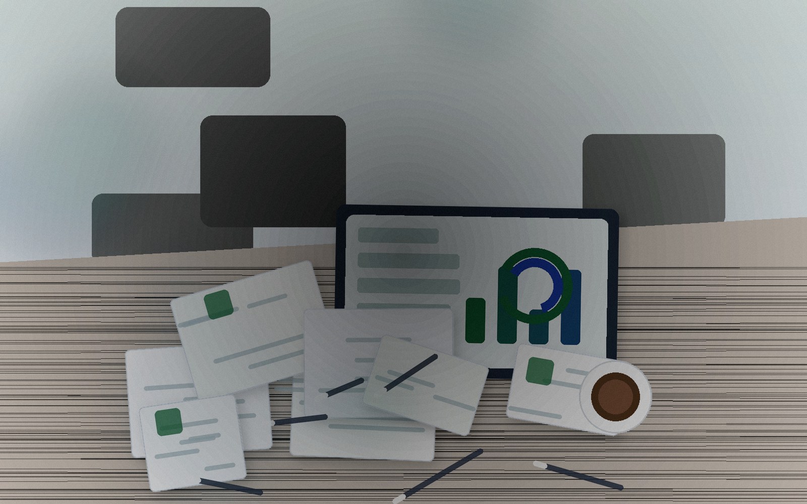 Vue de bureau avec documents, ordinateur et processus administratif